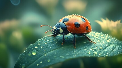 Fototapeta premium Ladybug resting on a leaf adorned with sparkling dew droplets