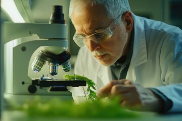 Senior scientist meticulously examines plant sample under microscope, conducting detailed research in a lab setting.