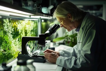 A senior scientist meticulously examines a plant sample under a microscope in a laboratory setting.