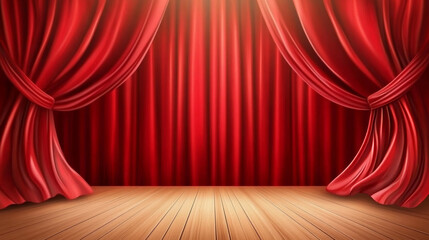 Fototapeta premium Red stage curtain and wooden floor realistic vector. Theater, opera scene drape backdrop, concert grand opening or cinema premiere backstage, portiere for ceremony performance template 3d illustration