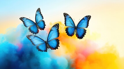 Blue butterflies soar through colorful smoke, design background