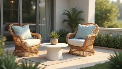 Outdoor Seating Area with Rattan Chairs and Blue Cushions