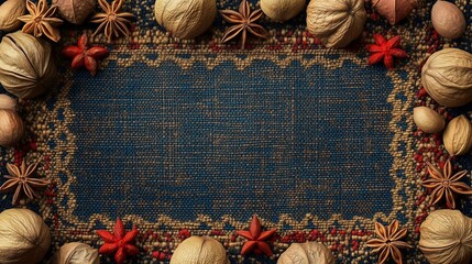 A cultural needlepoint border with nutmeg and other spices arranged artfully on a fabric, featuring rich colors and detailed embroidery.