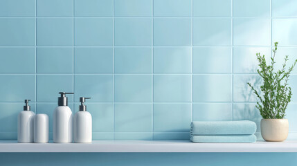 White shelf on pastel blue wall with square tile pattern. Bathroom or kitchen interior product podium. Realistic 3d vector illustration restroom or cuisine scene with empty goods display podium mockup