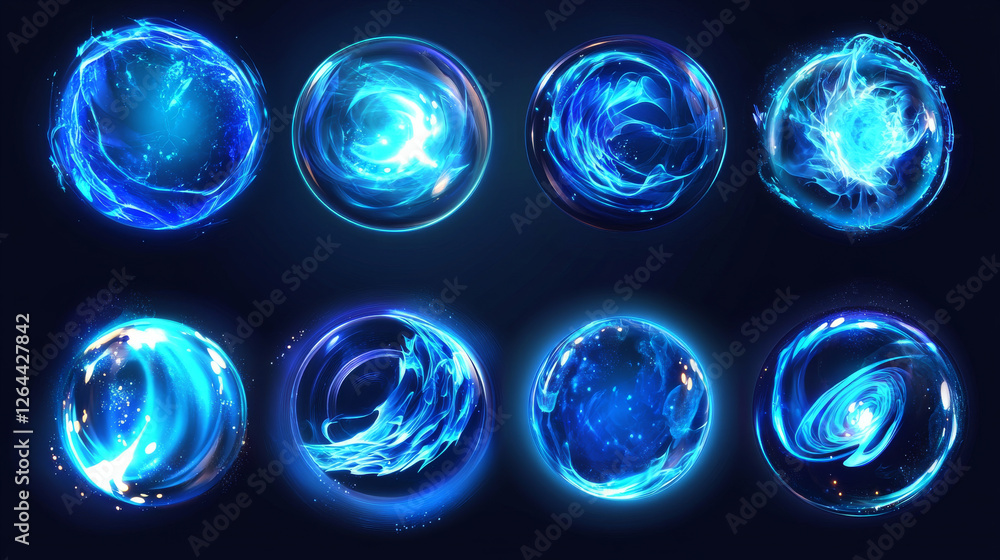 Poster magic energy ball and blue fire power orb game icon with light glow effect. fireball sphere round ve