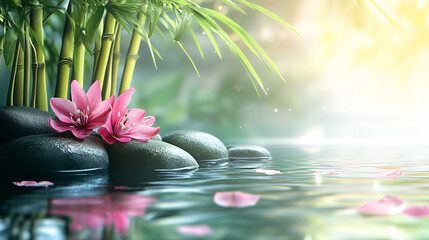 Bamboo and rocks with pink flower in water spa background ai generative