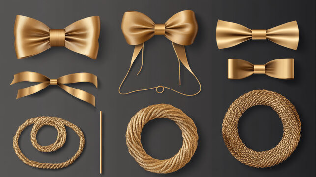 Gold silk cords, round and square frames of satin rope, golden threads, decorative sewing items isolated on transparent background. Tie borders, curve and twisted bows, Realistic 3d vector set