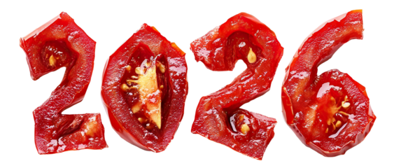 Creative 2026 number made of fresh red tomatoes, isolated on transparent cutout background
