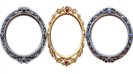 Silver and golden vintage game frames, ui medieval round borders of gold or steel metal with gems. Cartoon empty metallic bordering with gemstone, isolated design gui elements, Vector illustration set