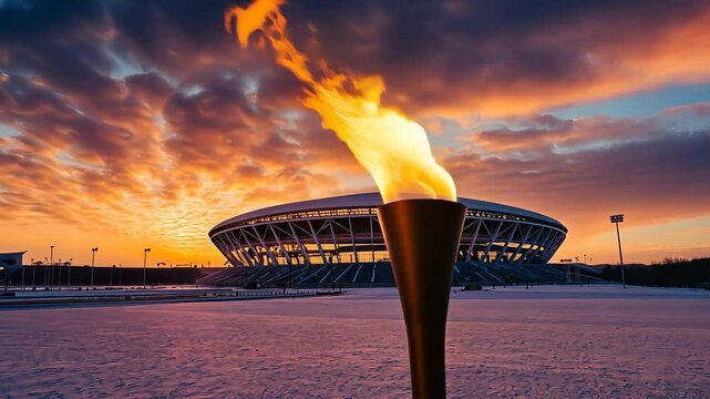 Olympic torch flame burning brightly against a vibrant sunset, with a modern stadium in the background, symbolizing unity and sportsmanship background video 4k