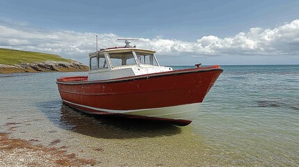 Fototapeta premium Red Fishing Boat Docked at Seashore Idyllic Coastal Scene Summer Vacation