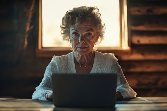 An elderly woman with a serious expression uses a laptop in a rustic wooden cabin.