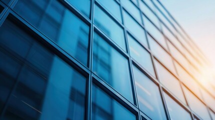 Modern glass building reflecting sunlight in urban setting