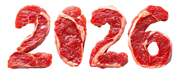 2026 made of raw meat texture, isolated on transparent cutout background