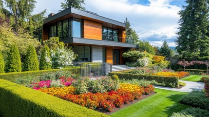 Obraz premium A modern home surrounded by colorful flower beds, trimmed hedges, and a sleek metal fence, providing a serene outdoor space