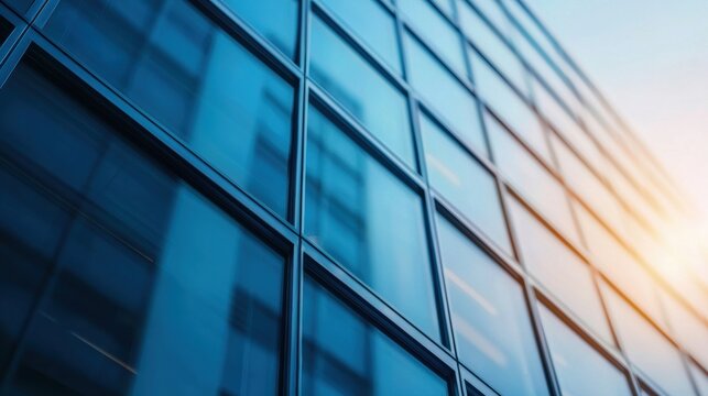 Modern glass building reflecting sunlight in urban setting
