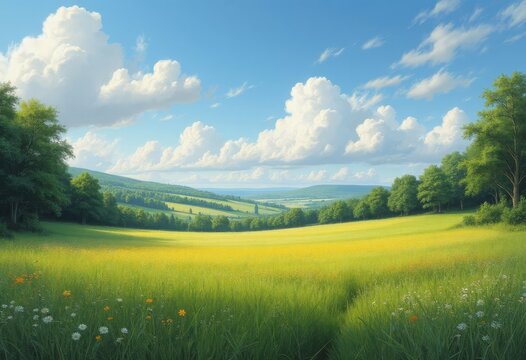 Rolling Hills with Meadow and Cumulus Clouds