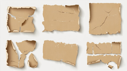 Pieces of paper with torn edges attached with adhesive tape. Realistic vector illustration set of cut collage cardboard of different shapes with teared borders. Sticky blank ragged and ripped sheets.