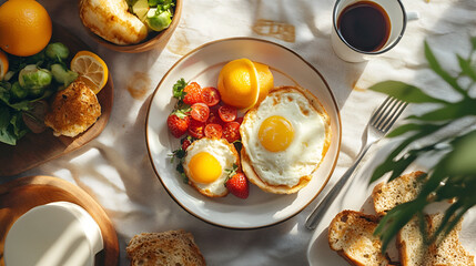 Healthy breakfast of scrambled eggs, cheese, ham, coffee, croissants and fruit juice ai generative