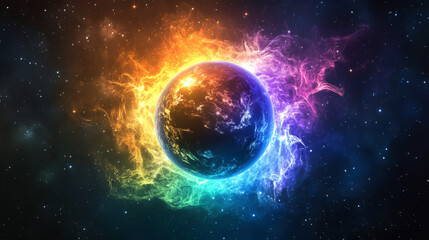 Obraz premium Realistic set of solar eclipse overlay effect on transparent background. Vector illustration of neon blue, yellow, green, purple blazing star edge behind planet in dark sky. Space design elements