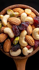 A wooden spoon filled with a colorful mix of nuts and dried fruits.