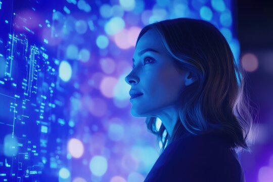Woman gazing at a futuristic holographic interface, illuminated by vibrant blue light.