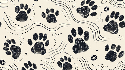 Monochrome Paw Print Pattern with Artistic Hand-Drawn Details