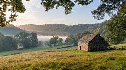 Serene Countryside Landscape with Foggy Morning Light and Stone Cabin