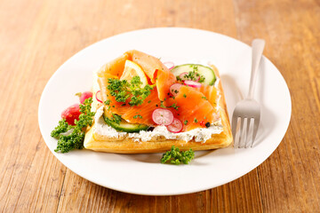 waffle toast with smoked salmon, cream cheese and herbs