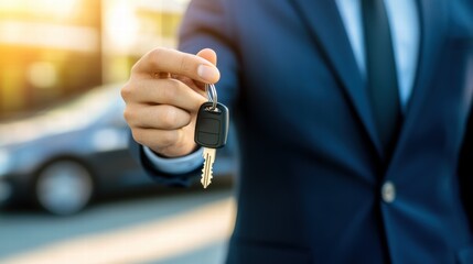Businessman Holding Car Key Outdoors in Urban Setting at Sunset