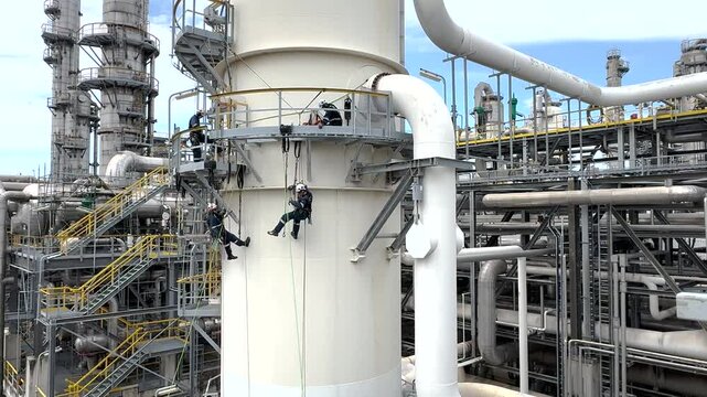 Aerial high angle shot of technicians repairing a plant in an oil or chemical refinery. Industrial rope access workers descending to grind and repair a turbine. Working at height. Rappelling, Abseilin
