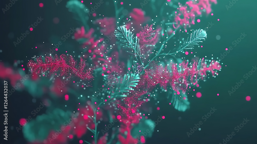 Poster abstract botanical composition with floating particles and green leaves on dark gradient background