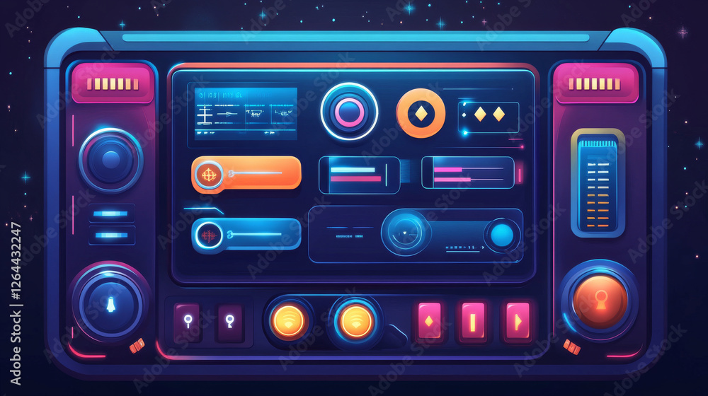 Poster game design interface with glossy buttons and panels. vector cartoon set of ui elements different co