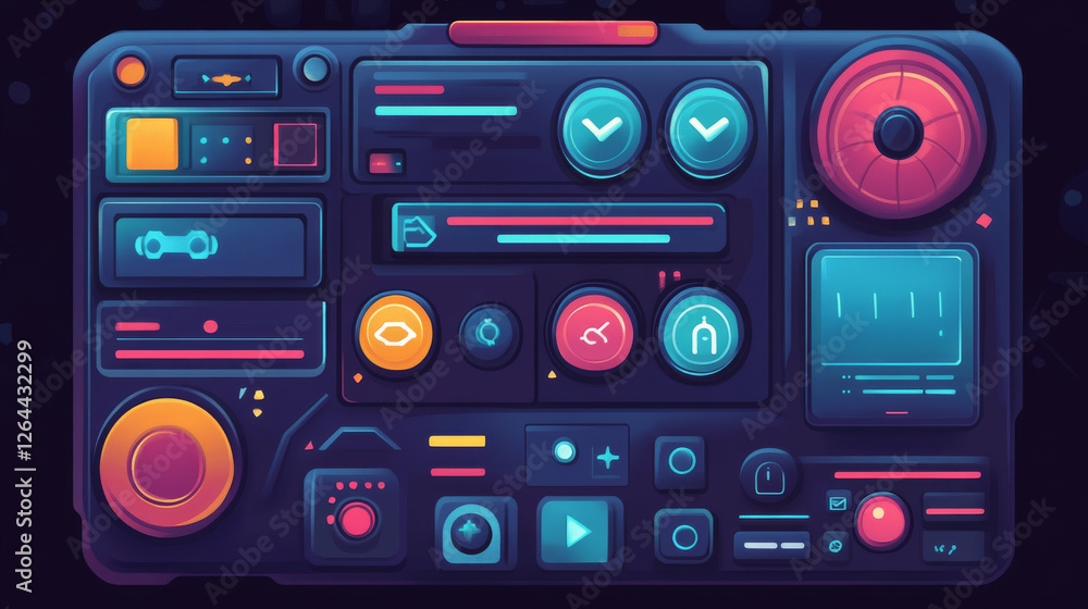Aufkleber game design interface with glossy buttons and panels. vector cartoon set of ui elements different co