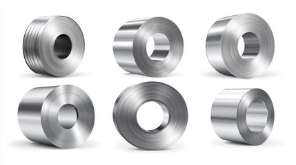Steel sheet roll, stainless construction tape coil isolated on white background. Metallurgy industry production. Vector realistic set of metal, aluminium or tin sheet roll in front, top and angle view