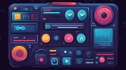 Fototapeta premium Game design interface with glossy buttons and panels. Vector cartoon set of ui elements different colors, circle buttons with icons, bars, sliders, arrows and login frame