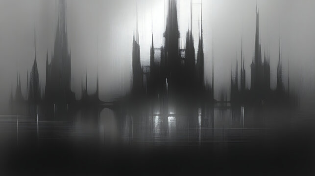 Abstract Castle Silhouette Reflecting on Still Waters Ethereal Gothic Architecture Landscape Design