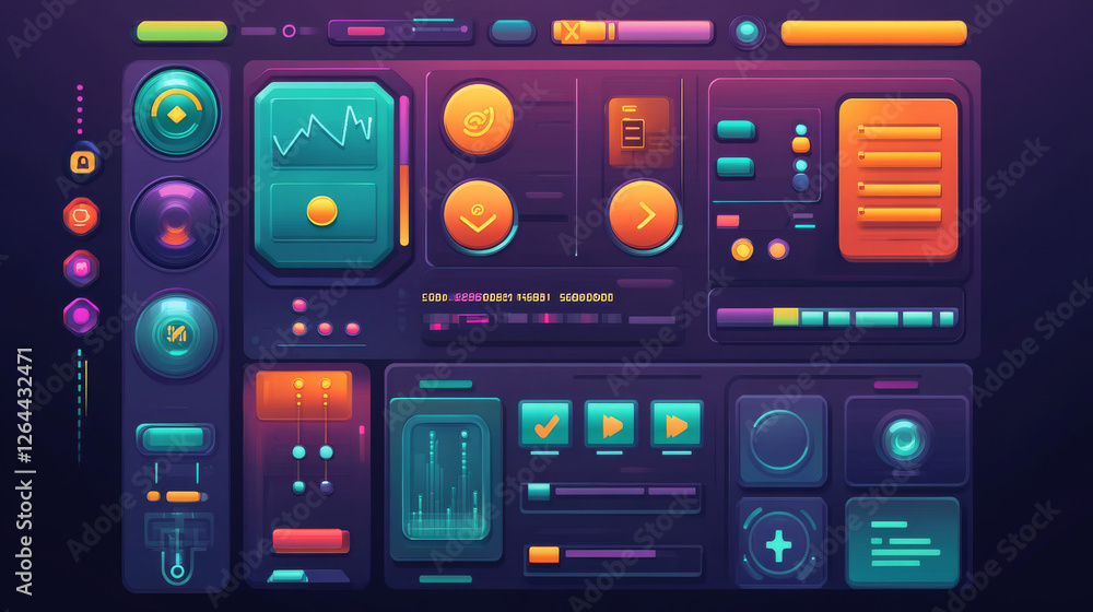 Poster game design interface with glossy buttons and panels. vector cartoon set of ui elements different co