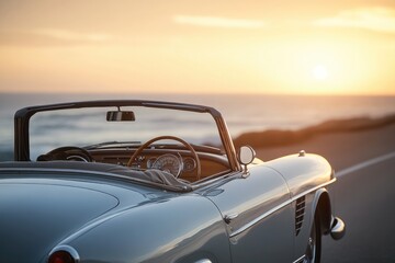 A classic vintage convertible enjoys a scenic coastal sunset drive.