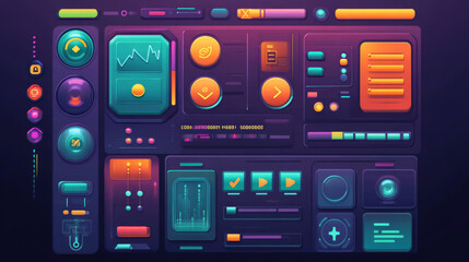 Fototapeta premium Game design interface with glossy buttons and panels. Vector cartoon set of ui elements different colors, circle buttons with icons, bars, sliders, arrows and login frame