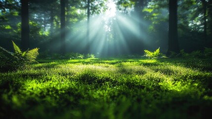 Obraz premium Sunlight filtering through trees in a serene forest, illuminating lush green grass and ferns