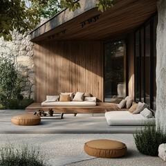 Elegant outdoor lounge area featuring stone wood and soft seating