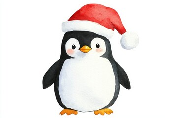 Fototapeta premium Festive watercolor penguin illustration holiday spirit cute animals artistic style whimsical vibe playful design, isolated on white background
