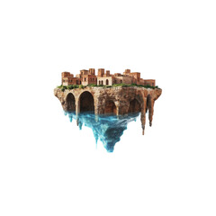 Obraz premium An underwater world with a medieval Arabian city atop a rock. Half of it is submerged and floating in the air. on a white background