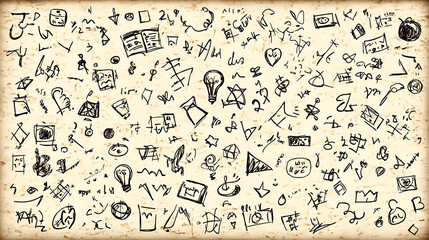 Abstract Doodle Sketch Random Symbols and Shapes on Aged Paper Background Visual Brainstorming Concept