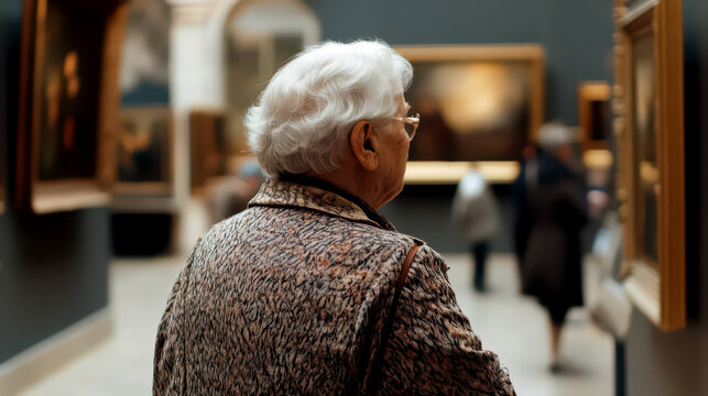 Senior woman enjoying art exhibition on international museum day. Gray-haired elderly woman in a museum standing in front of a painting. Back view