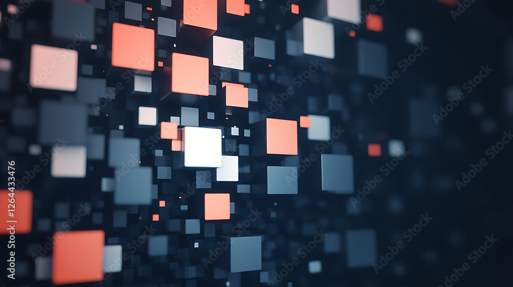 Poster abstract floating cubes in shades of gray orange and white arranged dynamically in space