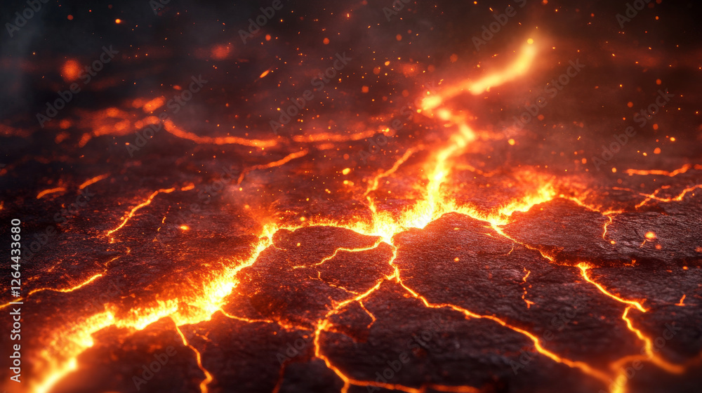 Poster ground cracks with red glow of fire or magma inside. vector realistic set of lightning, electric imp
