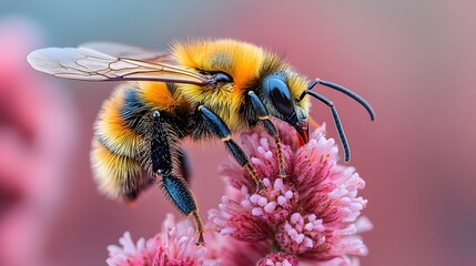 Detailed macro shot of a bumblebee gathering nectar from a pink flower
