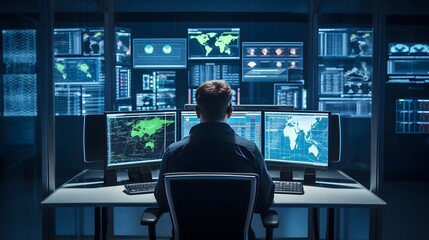 A cybersecurity professional using an advanced AI powered security platform to monitor analyze and detect potential cyber threats in order to safeguard digital information and systems